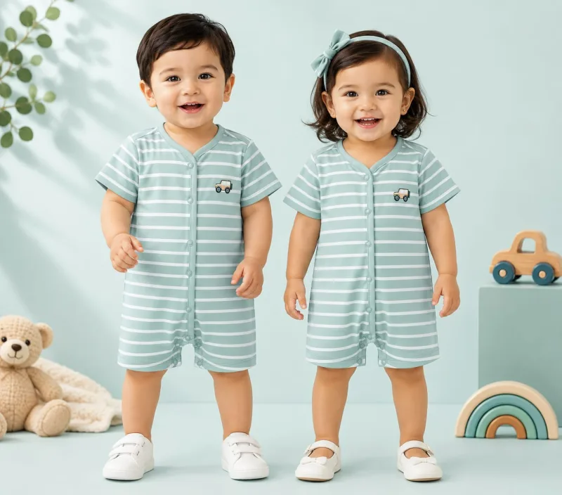 Baby Boy Mint Green & White Striped Cotton Romper