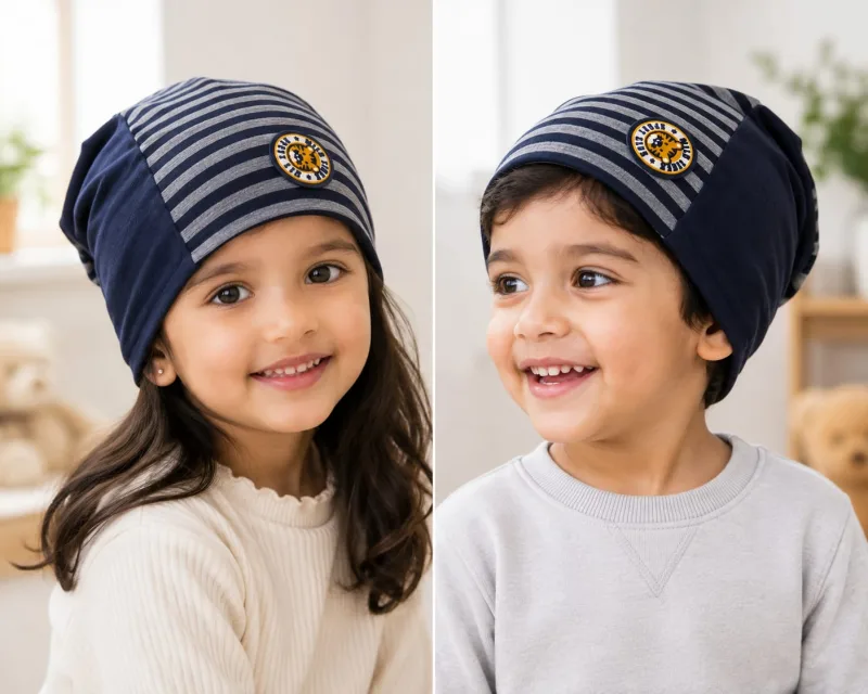 Kids Black & Grey Striped Cotton Cap with Badge