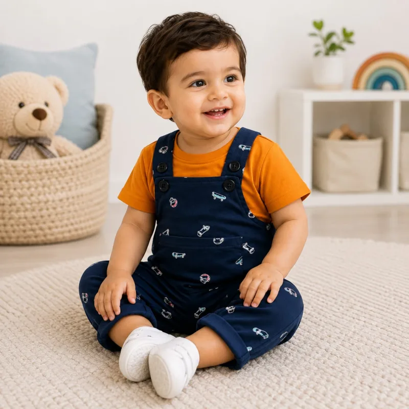 Boys Orange T-Shirt with Printed Navy Blue Dungaree Set