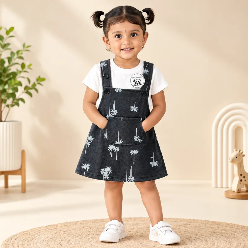 Kids Dark Grey Floral Print Overall Dress with T-Shirt