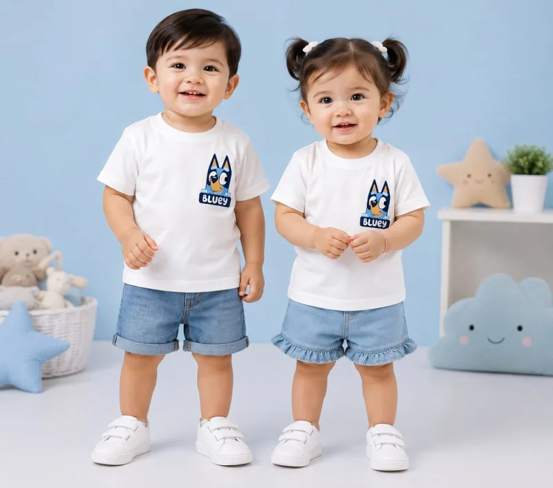 Kids White Bluey Graphic Print Round Neck T-Shirt