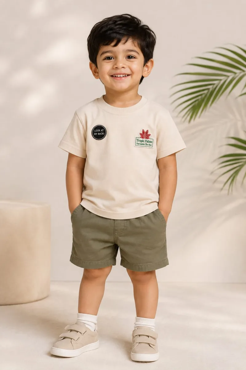 Boys Cream Printed Round Neck Half Sleeve T-Shirt