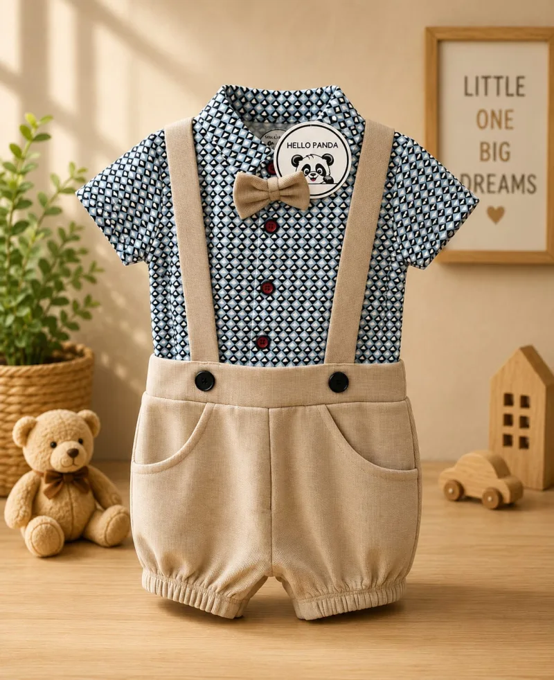 Baby Boys Blue Printed Shirt with Beige Suspender Shorts Set