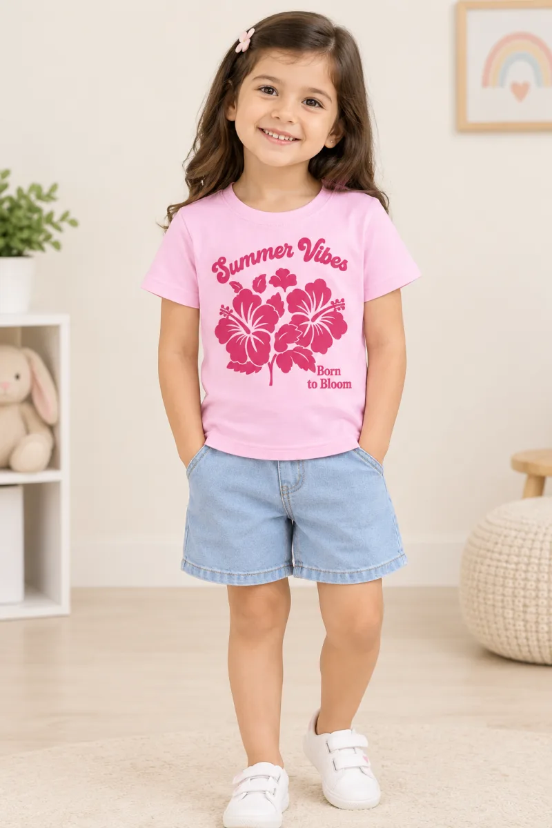 Girls Pink Summer Vibes Printed Cotton T-Shirt
