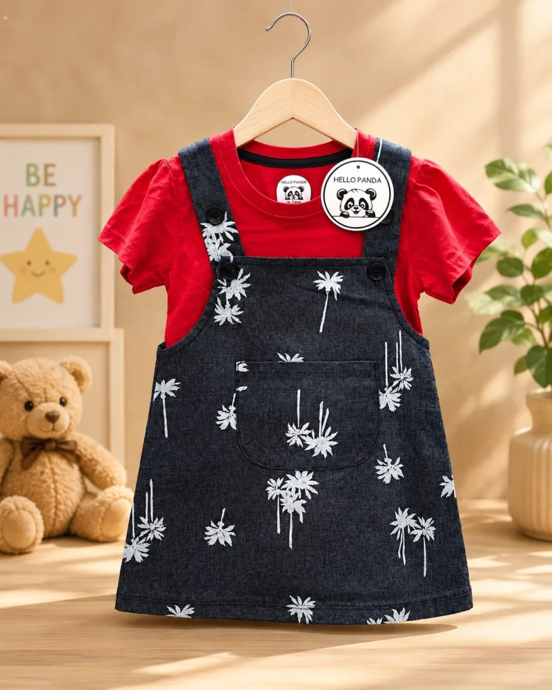 Girls Red Top with Dark Denim Floral Pinafore Dress