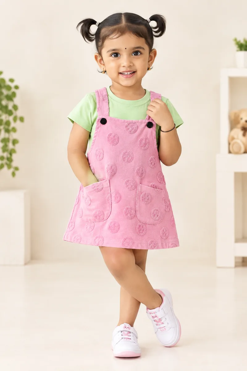 Girls Pink Dungaree Dress with Green T-Shirt Set