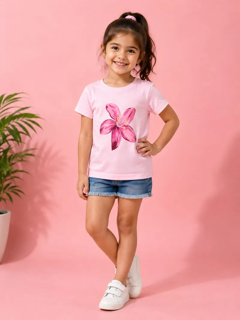 Girls Light Pink Floral Printed Round Neck T-Shirt