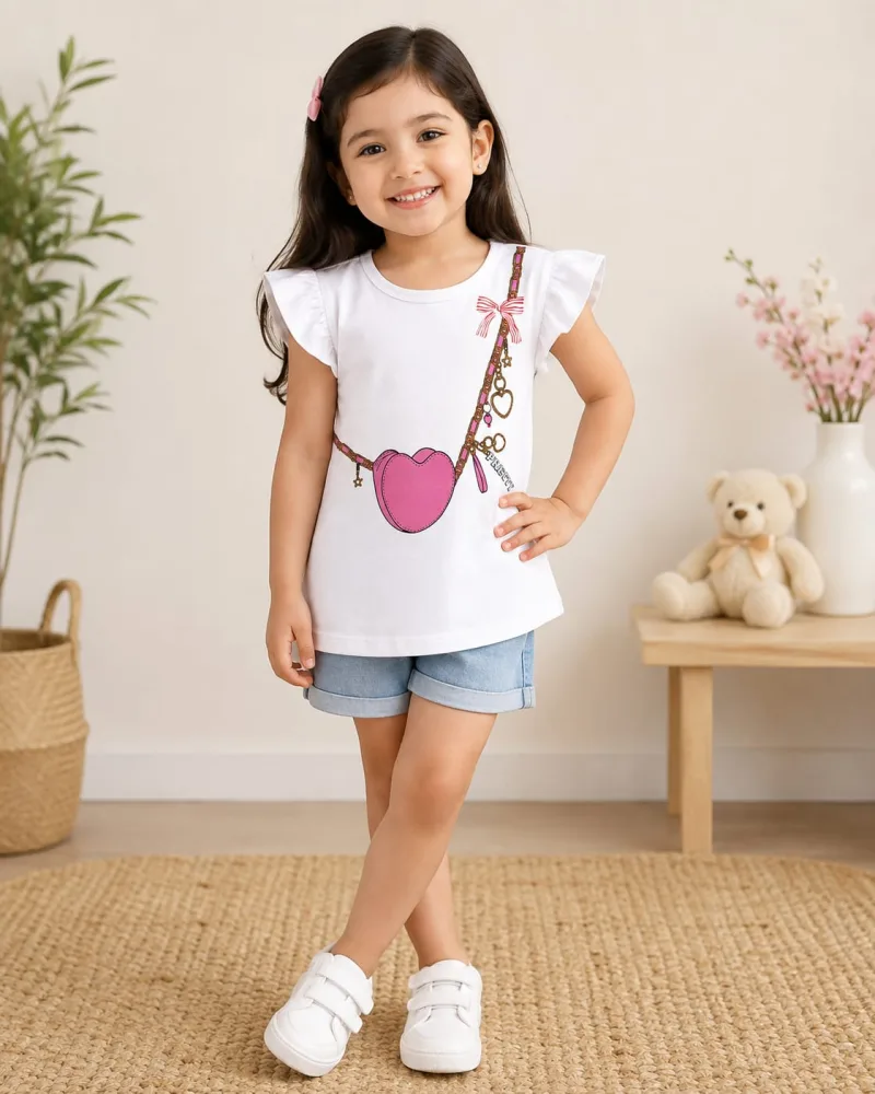 Name: Girls White Flutter Sleeve Printed T-Shirt