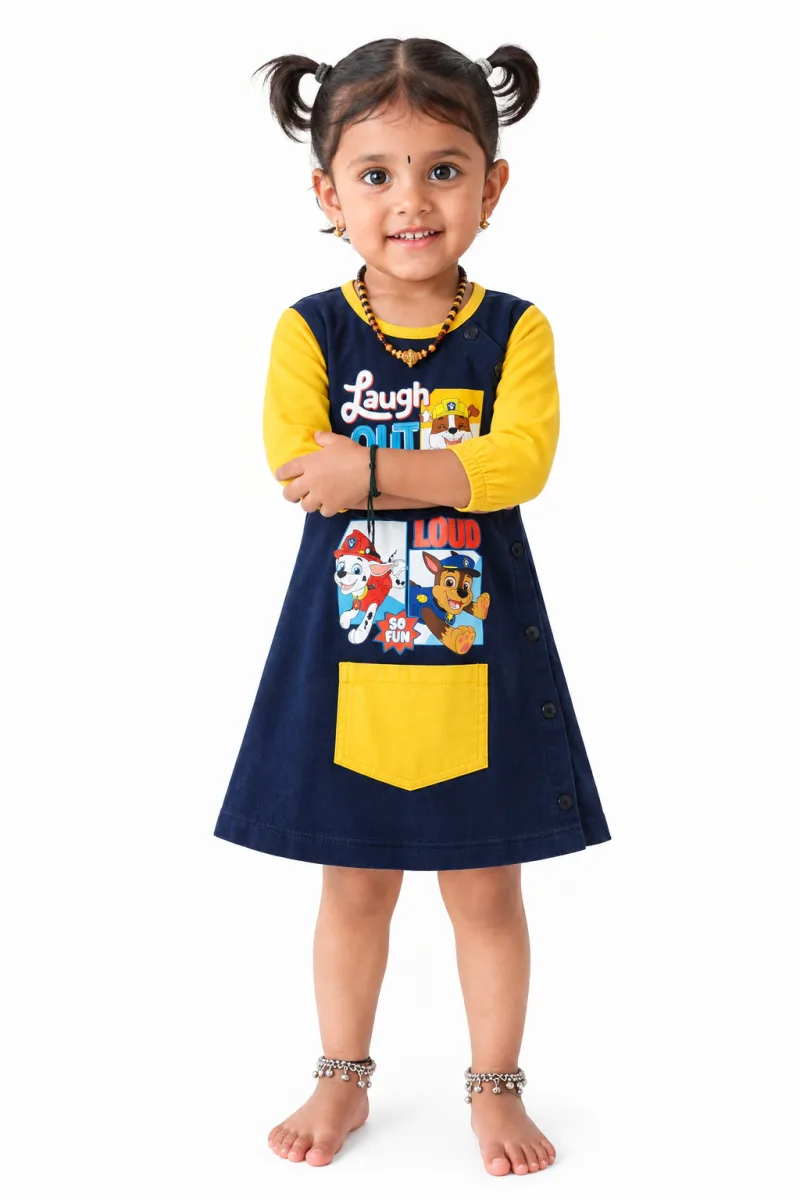 Girls Black & Yellow Cartoon Print Full Sleeve Dress