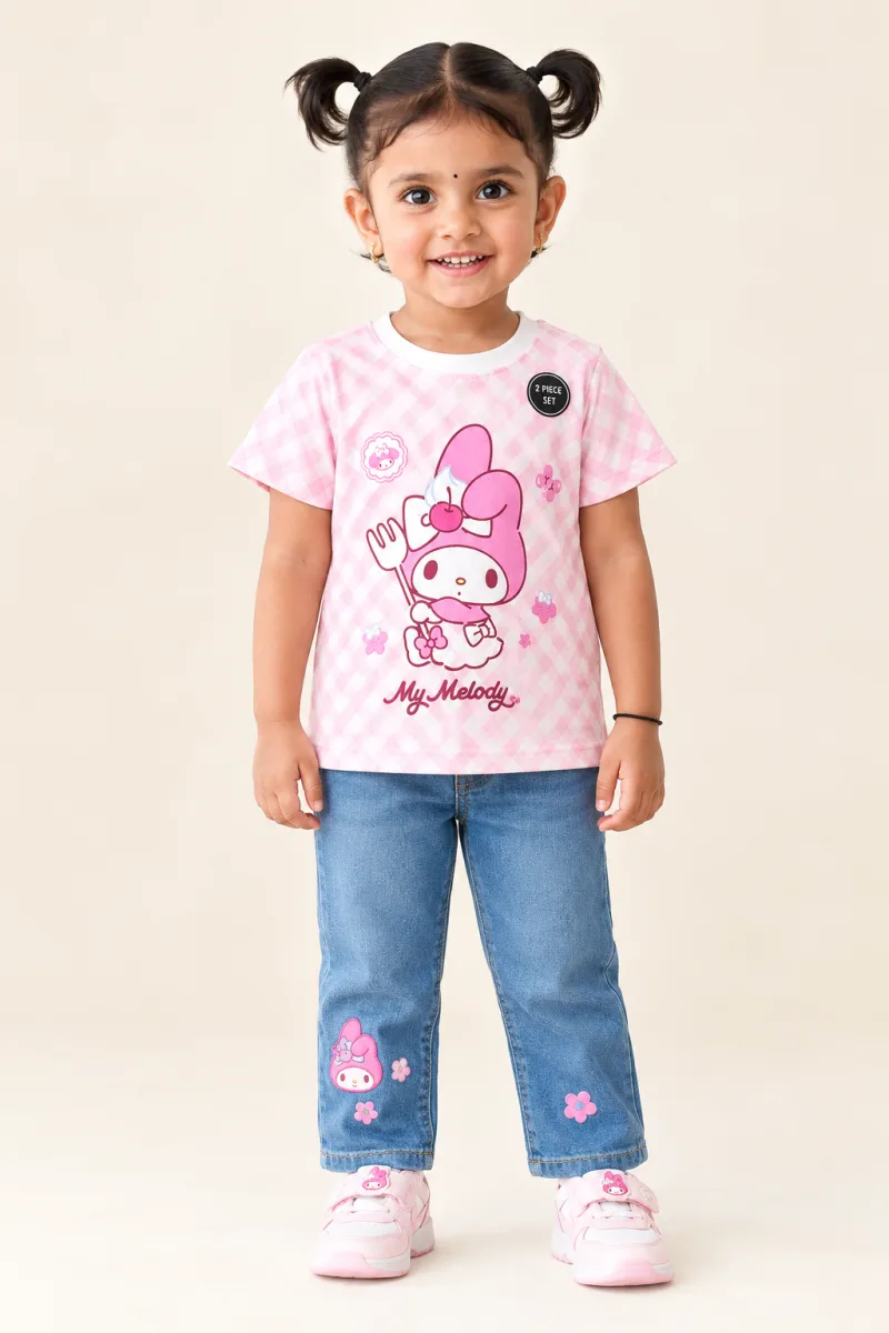 Girls My Melody Printed Pink Checkered Cotton T-Shirt