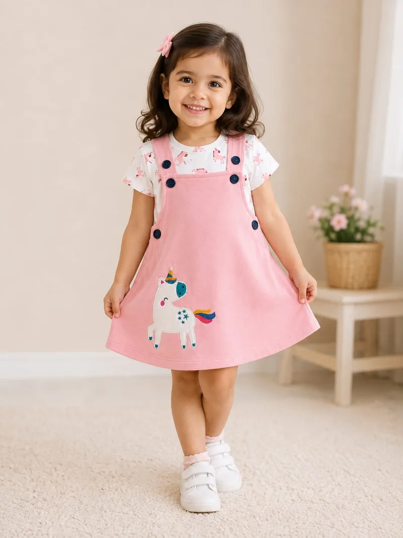 Girls Pink Unicorn Pinafore Dress with Printed T-Shirt