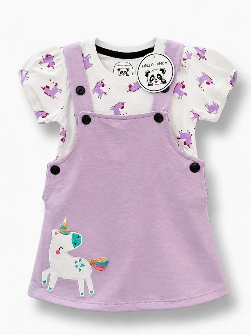 Girls’ Lavender Unicorn Dungaree Dress with Printed T-Shirt
