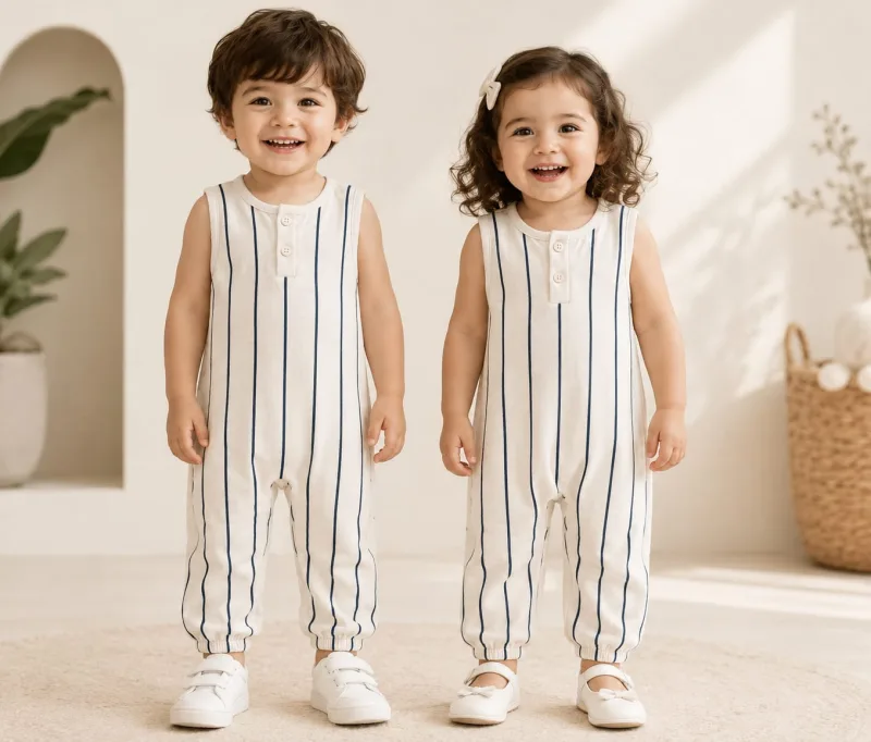 Baby Unisex Vertical Striped Sleeveless Romper