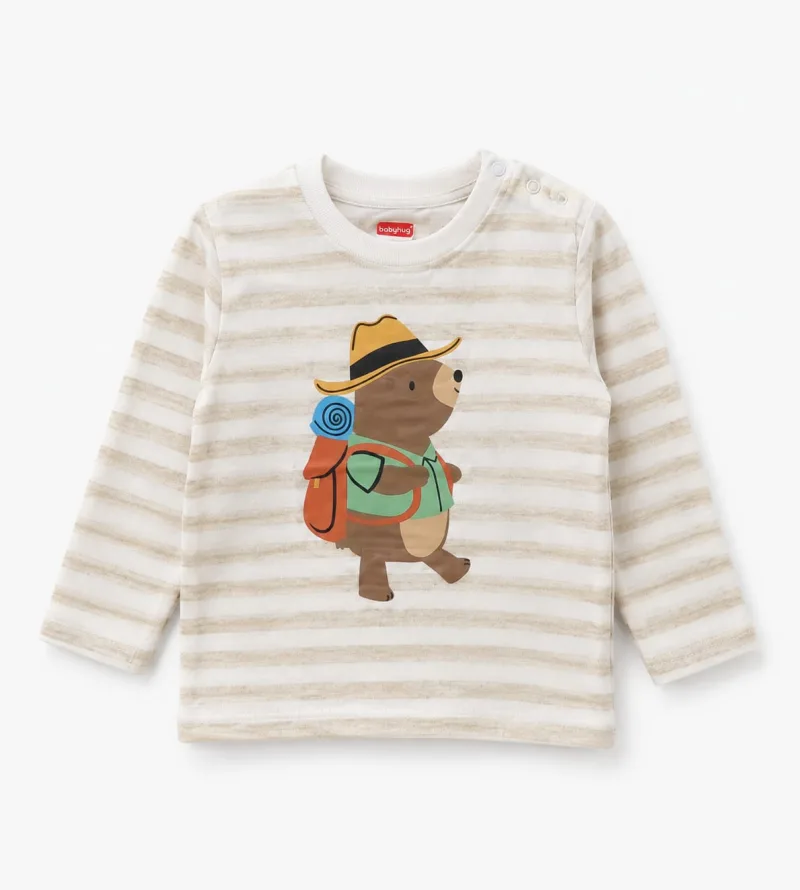 Kids Striped Camping Bear Print T-Shirt