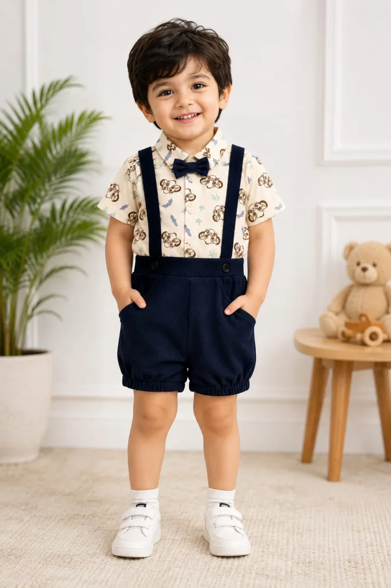 Baby Boys Cream Printed Shirt with Navy Blue Suspender Shorts Set
