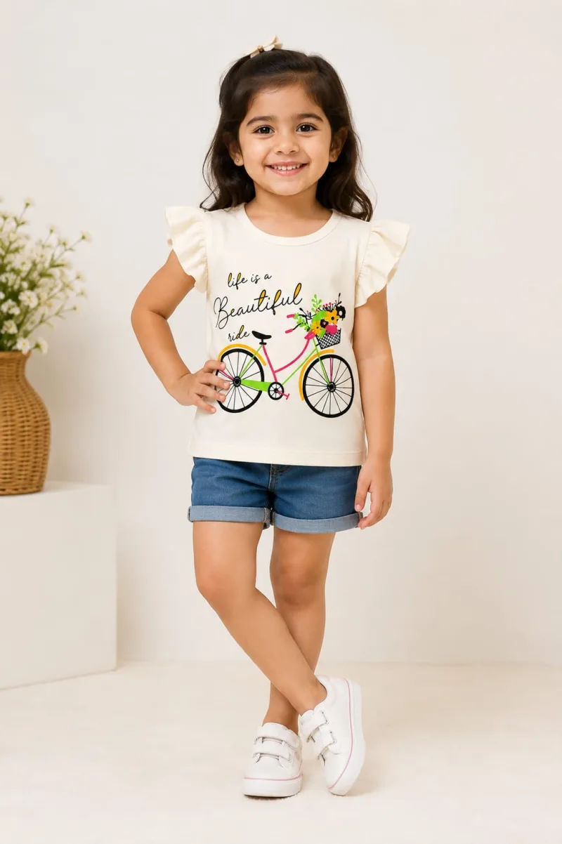 Girls Cream Printed Ruffle Sleeve T-Shirt – Life Is a Beautiful Ride