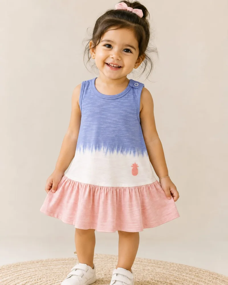 Girls Blue & Pink Cotton Sleeveless Flared Dress with Pineapple Applique