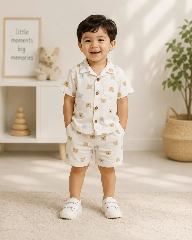 Baby Boy Cream Cotton Bear Print Half Sleeve Shirt