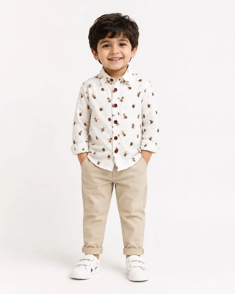 Boys White Reindeer & Gift Box Print Shirt