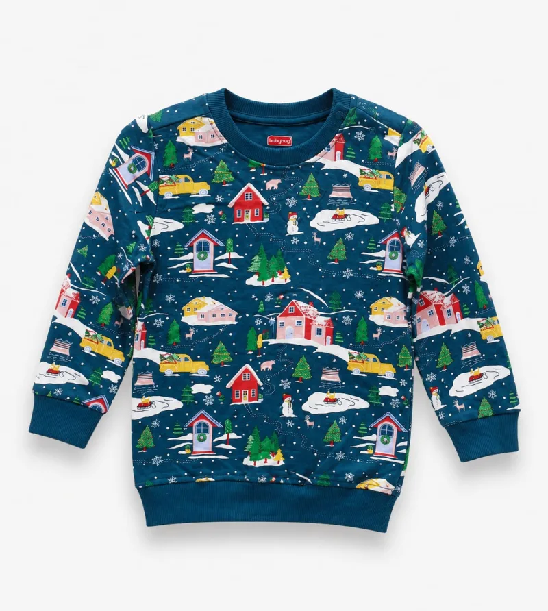 Kids Christmas Village Print Sweatshirt (Teal)