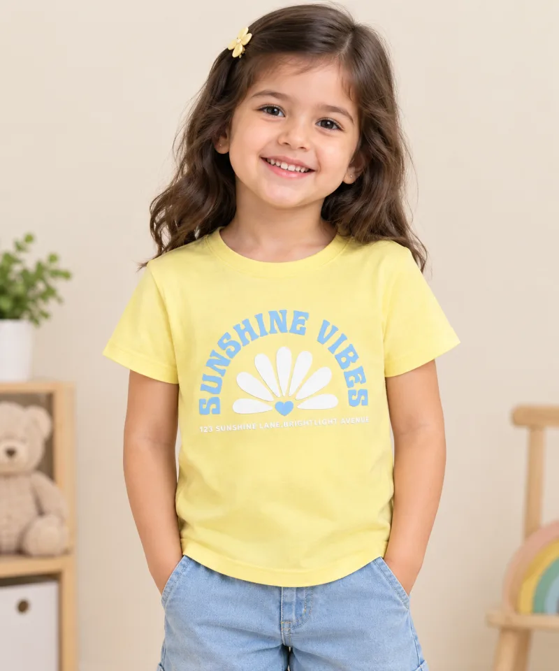 Girls Yellow Sunshine Vibes Printed Round Neck T-Shirt