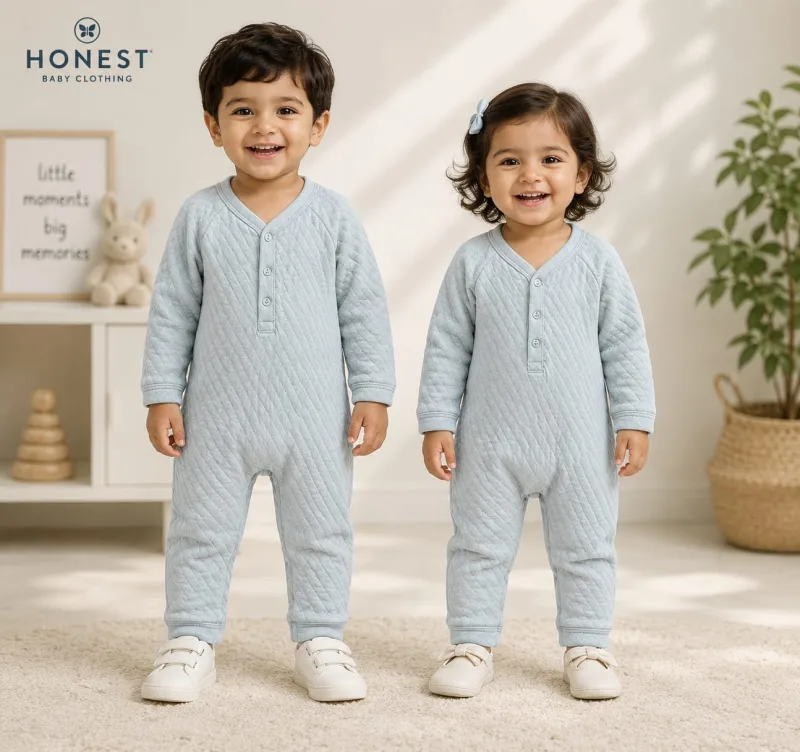 Baby Quilted Full Sleeve Henley Romper – Light Blue